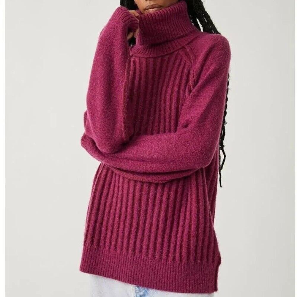 Free People Big City Knitted Turtle Neck Sweater Mulberry Garnet Small (b29.12)